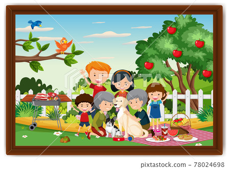 Happy family picnic outdoor scene photo in a frame Happy family picnic outdoor scene photo in a frame 78024698
