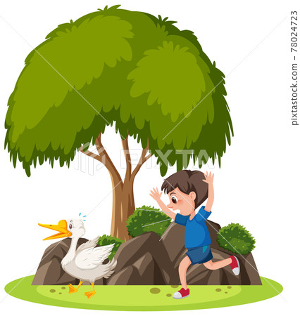 Isolated scene with a boy chasing a goose Isolated scene with a boy chasing a goose 78024723