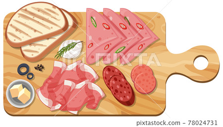 Top view of sliced meat set on a cutting board isolated 78024731