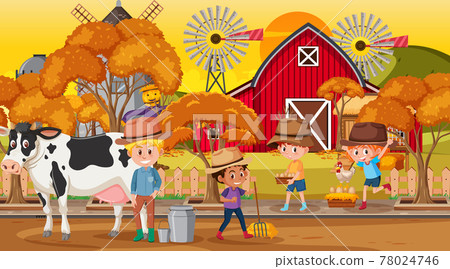 Farm scene with many kids cartoon character and farm animals Farm scene with many kids cartoon character and farm animals 78024746