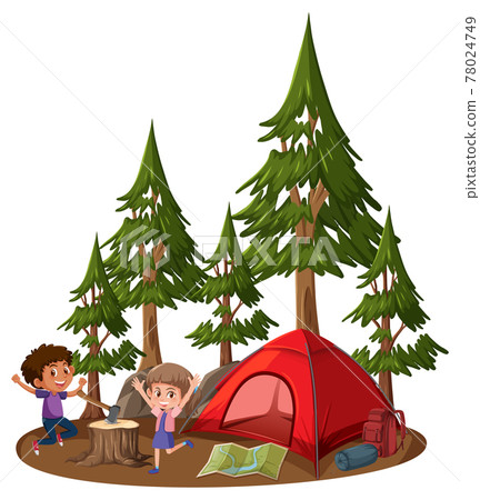 Two children with camping tent on white background Two children with camping tent on white background 78024749
