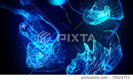 3d render. Injection of fluorescent ink in water isolated on black background. Glow particles or sparks like shiny magic spell. Fantastic background for festive event. Blue shades 78024755