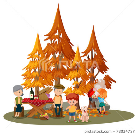 Old couple doing picnic in with many children in the park isolated Old couple doing picnic in with many children in the park isolated 78024757