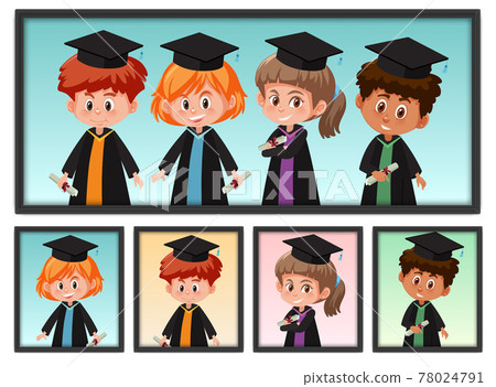 Set of many children in graduation costume in photo frame 78024791