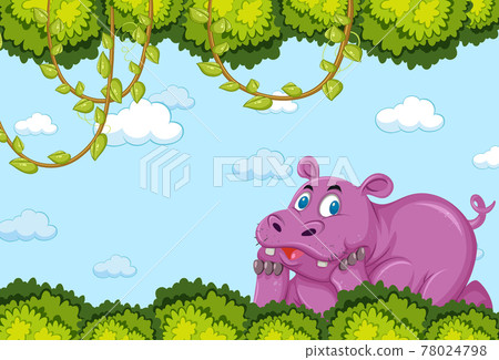 Hippopotamus cartoon character in blank forest scene Hippopotamus cartoon character in blank forest scene 78024798