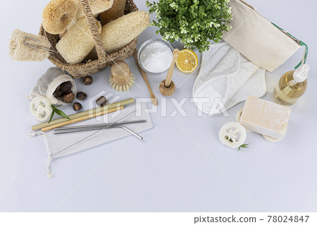 Zero waste cleaning tools and kit, natural loofah, bamboo brush, stainless straw 78024847