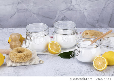 Zero waste concept, natural loofah and carbonated soda, citric acid powder 78024855