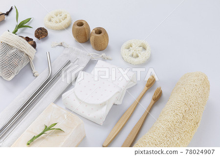 Zero waste cleaning tools and kit, natural loofah, bamboo brush, stainless straw 78024907