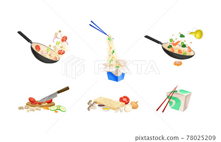 Chinese Udon Noodle Preparation Steps with Ingredients Chopping and Stir-frying in Wok Pan Vector Set. 78025209