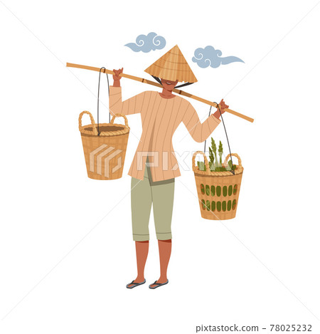 Asian Farmer in Straw Conical Hat Carrying Grass in Wicker Basket on His Shoulders Vector Illustration 78025232