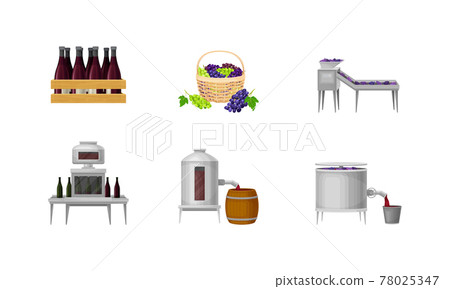 Grape Wine Production with Alcoholic Fermentation and Pouring in Bottles Process Vector Set Grape Wine Production with Alcoholic Fermentation and Pouring in Bottles Process Vector Set 78025347