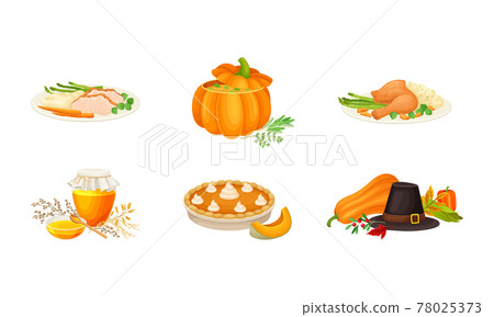 Thanksgiving Autumnal Holiday Composition with Agricultural Crops and Cooked Dishes Vector Set 78025373