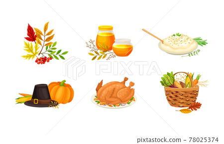 Thanksgiving Autumnal Holiday Composition with Agricultural Crops and Cooked Dishes Vector Set 78025374