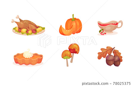 Thanksgiving Day Attributes with Pumpkin Pie and Roasted Turkey Vector Set 78025375