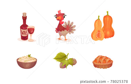 Thanksgiving Day Attributes with Pumpkin Pie and Turkey Vector Set 78025378