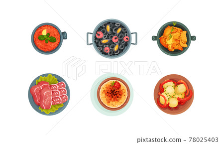 Spanish Cuisine with Tasty Meal Served on Plate Above View Vector Set Spanish Cuisine with Tasty Meal Served on Plate Above View Vector Set 78025403