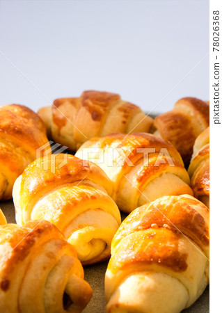 Homemade delicious croissants on a dessert gray plate. Tasty homemade croissants cake. Frances national food Homemade delicious croissants on a dessert gray plate. Tasty homemade croissants cake. Frances national food 78026368