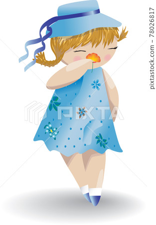 Girl in blue dress and hat with a flower Girl in blue dress and hat with a flower 78026817