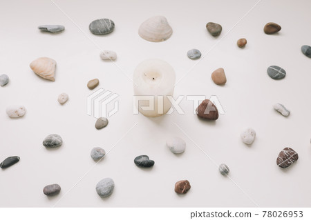 White candle and sea shells pattern on white background. Spa concept. Flat lay, top view 78026953