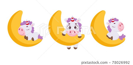 Set of cute magical unicorn on moon. Funny magic unicorn cartoon character collection for print, cards, baby shower, invitation, wallpapers, decor. Stock vector illustration. 78026992