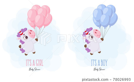 Baby Shower greeting card with cute magic unicorn flying on balloons. Funny magic unicorn cartoon character. It's a boy. It's a girl. Bright colored childish stock vector illustration. Baby Shower greeting card with cute magic unicorn flying on balloons. Funny magic unicorn cartoon character. It's a boy. It's a girl. Bright colored childish stock vector illustration. 78026993