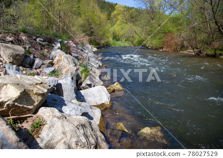 Running water in regulated river surrounded by green vegetation in summer 78027529