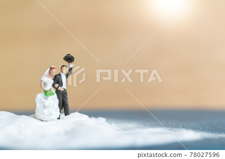 Miniature people Happy wedding couple on white beach Miniature people Happy wedding couple on white beach 78027596