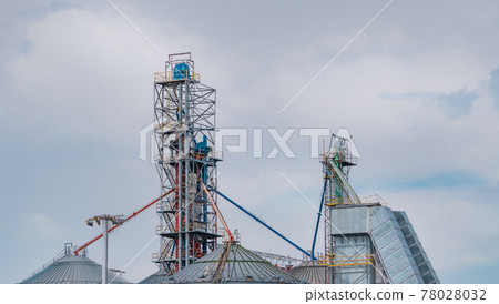 Agricultural silo at feed mill factory. Big tank for store grain in feed manufacturing. Seed stock tower for animal feed production. Commercial feed for livestock, swine and fish industries. 78028032
