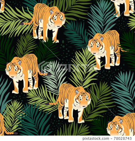 Vector seamless pattern with tigers and palm leaves. Fashionable style. 78028743