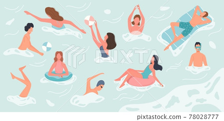 Different people swimming and rests in sea or ocean performing various activities. Characters spend summer vacation time. Vector illustration 78028777