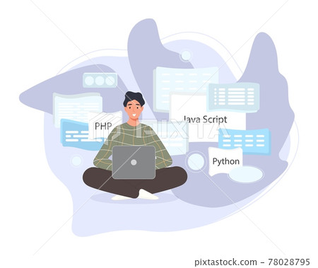 Software developers working of script coding. Engineer character programming in php, python, javascript, other languages. Vector illustration Software developers working of script coding. Engineer character programming in php, python, javascript, other languages. Vector illustration 78028795