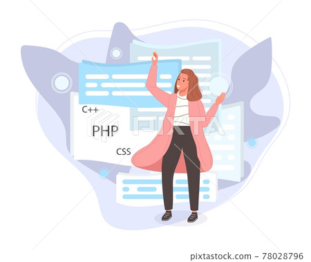 Software developers working of script coding. Engineer character programming in php, python, javascript, other languages. Vector illustration 78028796