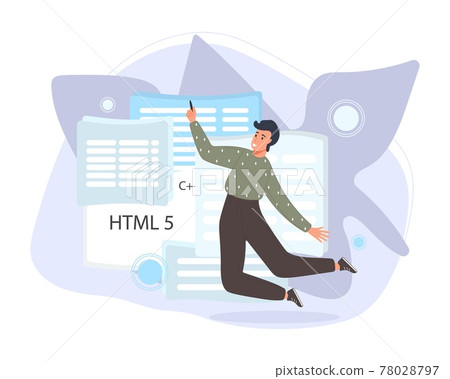 Software developers working of script coding. Engineer character programming in php, python, javascript, other languages. Vector illustration Software developers working of script coding. Engineer character programming in php, python, javascript, other languages. Vector illustration 78028797