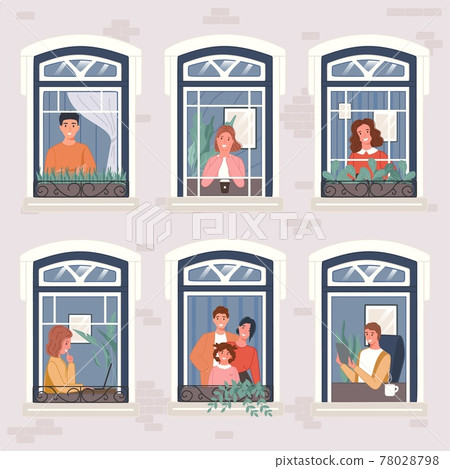 Neighbors in their apartments spend time at home near panoramic window. Vector illustration stay home concept Neighbors in their apartments spend time at home near panoramic window. Vector illustration stay home concept 78028798