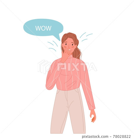 Surprised beautiful woman say wow with speech bubble. Portrait of character emotion girl waving with hand. Vector illustration 78028822