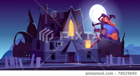 Beautiful witch flying on broom near haunted house Beautiful witch flying on broom near haunted house 78029840