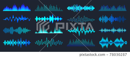 Blue colorful sound waves collection. Analog and digital audio signal. Music equalizer. Interference 78030287