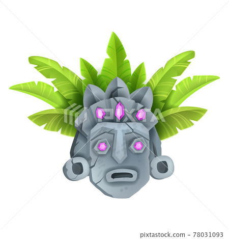 Ancient stone tiki mask, vector tribal totem face, Hawaii tropical idol illustration, jewels,  78031093