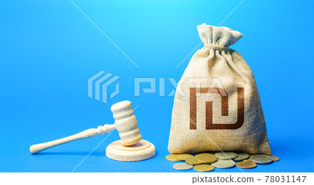 Israeli shekel money bag and judge's gavel. Litigation, dispute resolution, conflict of interest settlement. Awarding moral financial compensation. Protection rights. Justice. Lawyer services. 78031147