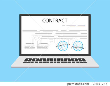 Online electronic smart contract document on laptop, paper document, signature on computer screen Online electronic smart contract document on laptop, paper document, signature on computer screen 78031764