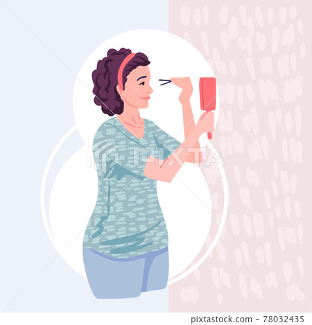 Woman plucking eyebrows with tweezers, face care, cosmetic procedure at home, look in the mirror, makeup. Vector flat illustration 78032435