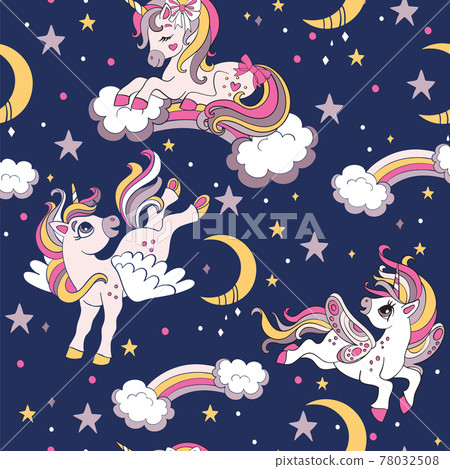 Seamless vector pattern cute unicorns in the sky - Stock Illustration ...