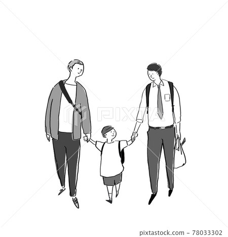 A child (boy) holding hands with two men (same-sex couple) 78033302