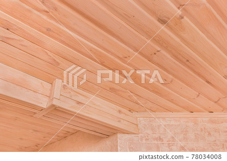 Modern interior with light wood ceiling and white plaster and brick walls background 78034008