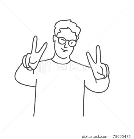 Guy in glasses winks and shows victory gesture. 78035475