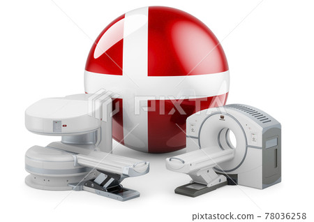 MRI and CT Diagnostic, Research Centres in Denmark. MRI machine and CT scanner with Danish flag, 3D rendering MRI and CT Diagnostic, Research Centres in Denmark. MRI machine and CT scanner with Danish flag, 3D rendering 78036258