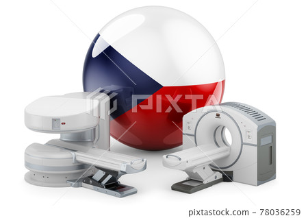 MRI and CT Diagnostic, Research Centres in Czech Republic. MRI machine and CT scanner with Czech flag, 3D rendering 78036259
