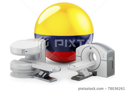 MRI and CT Diagnostic, Research Centres in Colombia. MRI machine and CT scanner with Colombian flag, 3D rendering MRI and CT Diagnostic, Research Centres in Colombia. MRI machine and CT scanner with Colombian flag, 3D rendering 78036261