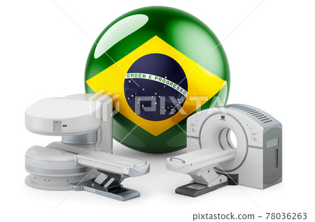 MRI and CT Diagnostic, Research Centres in Brazil. MRI machine and CT scanner with Brazilian flag, 3D rendering MRI and CT Diagnostic, Research Centres in Brazil. MRI machine and CT scanner with Brazilian flag, 3D rendering 78036263