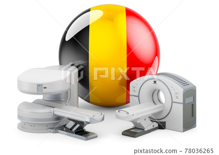 MRI and CT Diagnostic, Research Centres in Belgium. MRI machine and CT scanner with Belgian flag, 3D rendering MRI and CT Diagnostic, Research Centres in Belgium. MRI machine and CT scanner with Belgian flag, 3D rendering 78036265
